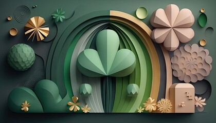 Saint Patrick's Day Geometric Shapes with 3D shapes and designs. and Muted color palette : A Beautiful Unique Colorful and Bold 3D Rendering Wallpaper Template for Celebration (generative AI)