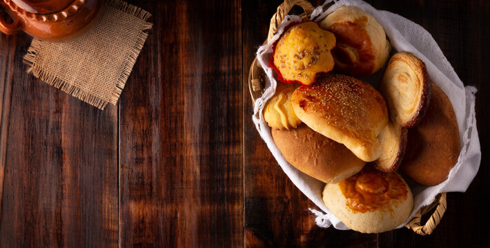 Variety of traditional Mexican bakery, Chino, Oreja, Cacahuate, hojaldra, made by hand, in Mexico it is called Pan Dulce and cannot be missing at breakfast or snack.