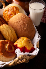 Variety of traditional Mexican bakery, Chino, bisquet, Cacahuate, hojaldra, made by hand, in Mexico it is called Pan Dulce and cannot be missing at breakfast or snack.