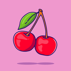 cartoon cherry on a branch, multicolored doodle icon. Vector illustration with cherry berries with a leaf