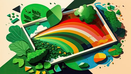 Saint Patrick's Day Geometric Shapes with Graphic illustrations and Vibrant color palette : A Beautiful Unique Colorful and Bold 3D Rendering Wallpaper Template for Celebration (generative AI)