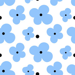 Seamless random floral y2k pattern with blue flower on white background.