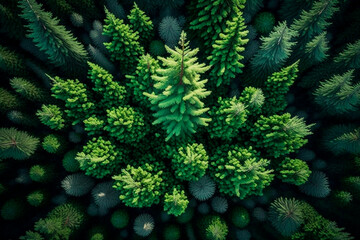 Naklejka na ściany i meble Aerial top view forest tree, Rainforest ecosystem and healthy environment concept and background, Texture of green tree forest view from above, generative ai