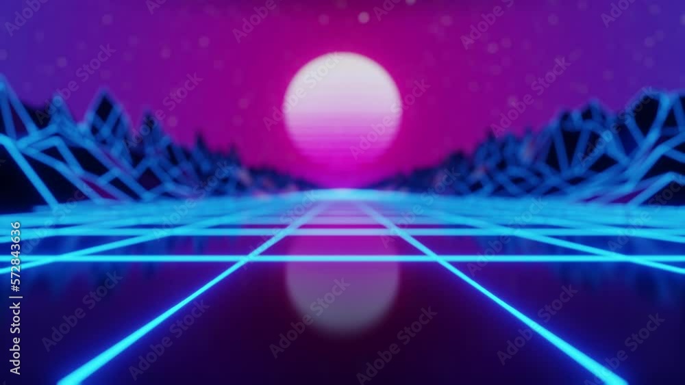 Poster synthwave sunset. animated background. 80s sun. wireframe landscape. retro future perspective grid. 