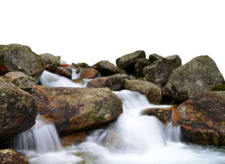Waterfall on mountain stream isolated on transparent background, PNG.