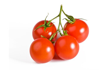 A bunch of fresh cherry tomato on white background. Red tomatoes with stem on.