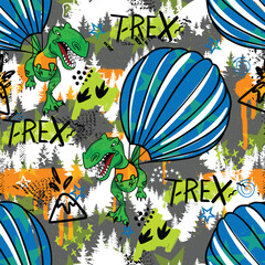 Hand drawn seamless pattern with dinosaur T rex with parachute. modern background for boys and girls,  For prints, T-shirts, textiles,fabric, web. Urban dark wallpaper.