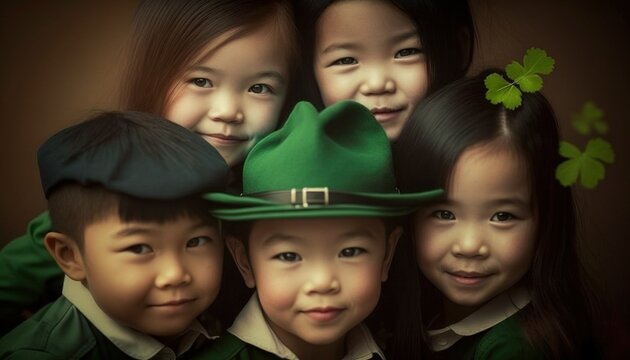 Beautiful Saint Patrick's Day Parade Celebrating Diversity Equity and Inclusion: Asian Kids Boys and Girls in Festive Green Attire Celebration of Irish Culture and Happiness (generative AI)
