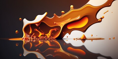 Golden honey color maple syrup splash and sticky dripping drops of rich and luxurious sweetness mixed with indulgent caramel amber flavors. Studio lighting reflective mirror surface - generative AI.