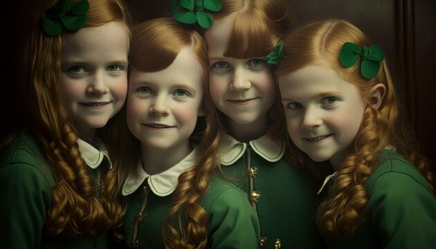 Beautiful Saint Patrick's Day Parade Celebrating Diversity Equity and Inclusion: Irish Kids Girls in Festive Green Attire Celebration of Irish Culture and Happiness (generative AI)