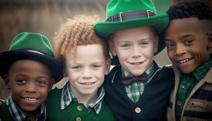 Beautiful Saint Patrick's Day Parade Celebrating Diversity Equity and Inclusion: Multiracial Kids Boys in Festive Green Attire Celebration of Irish Culture and Happiness (generative AI)