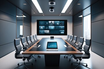 Futuristic Conference Room: A modern conference room equipped with the latest technology for business presentations and video conferencing. Generative AI - obrazy, fototapety, plakaty