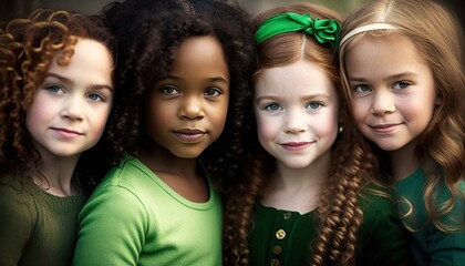 Obraz premium Beautiful Saint Patrick's Day Parade Celebrating Diversity Equity and Inclusion: Multiracial Kids Girls in Festive Green Attire Celebration of Irish Culture and Happiness (generative AI)
