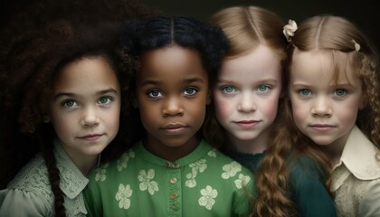 Beautiful Saint Patrick's Day Parade Celebrating Diversity Equity and Inclusion: Multiracial Kids Girls in Festive Green Attire Celebration of Irish Culture and Happiness (generative AI)