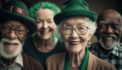 Beautiful Saint Patrick's Day Parade Celebrating Diversity Equity and Inclusion: Multiracial Elderly People in Festive Green Attire Celebration of Irish Culture and Happiness (generative AI)