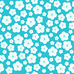 Sakura white blossom vector seamless pattern.Cherry floral flat illustration  motif. Modern style spring tree flowers on turquoise background.