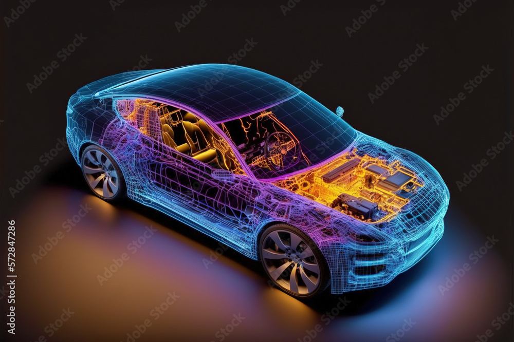 Poster virtual simulation of future electric car showing wireframe prototype model blueprint in display for