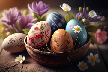 Fototapeta premium Close-ups of colorful Easter eggs in baskets decorated with flowers are available with natural light. AI-generated images