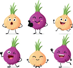 Cute red onion cartoon characters set
