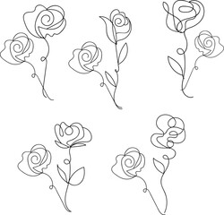 Isolated rose flower line art with leaves
