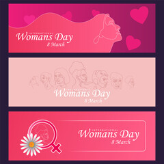 The concept of international womens day. Banners with a girl and flowers on a pink background. Sale. Vector illustration