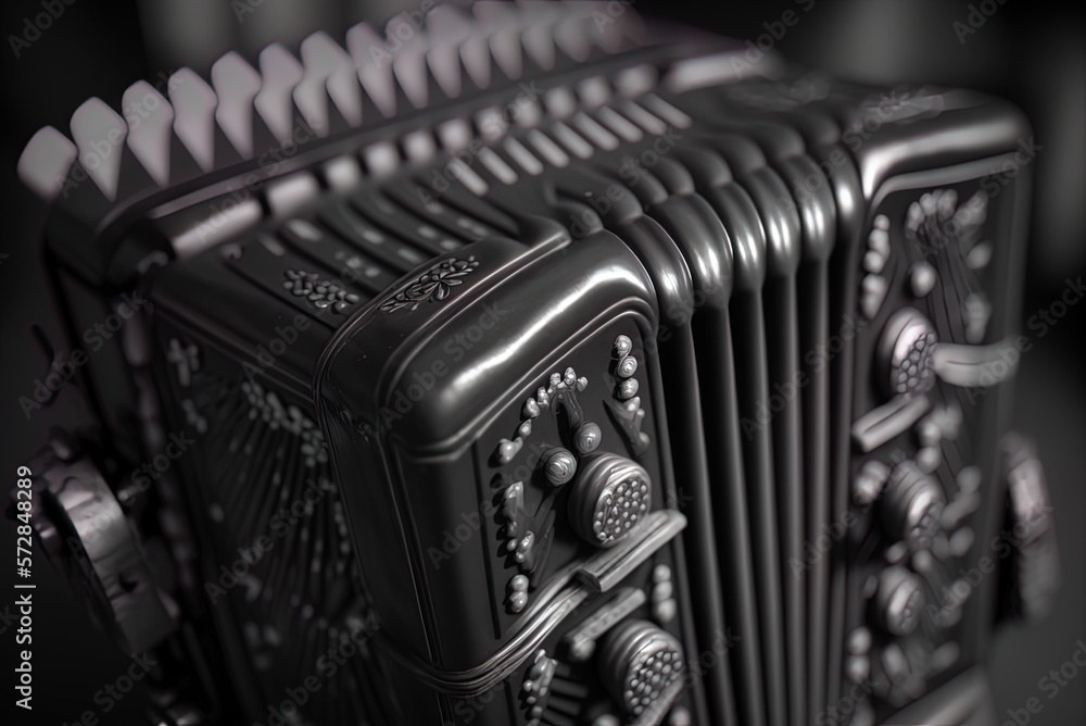 Poster image of a black bandoneon up close while it is being played generative ai