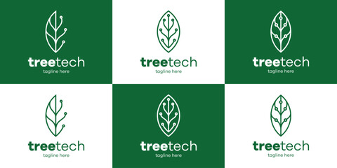 set logo design tree technology icon vector illustration