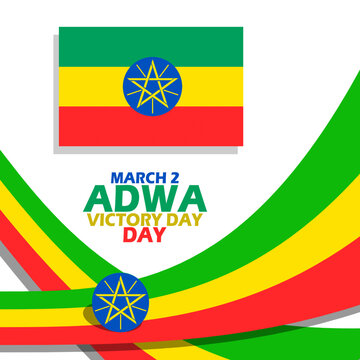 Ethiopian flag with ribbons and bold text on a white background to commemorate Adwa Victory Day on March 2 in Ethiopia
