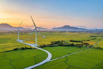 Panoramic view of wind farm or wind park, with high wind turbines for generation electricity with copy space. Green energy concept. Ninh Thuan, Vietnam