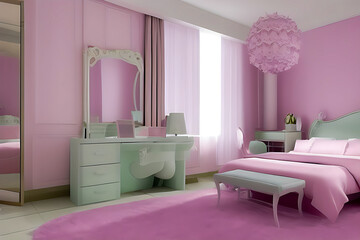Fototapeta na wymiar Creative Pastel Color Elegant Bedroom Interior Design, Peculiar