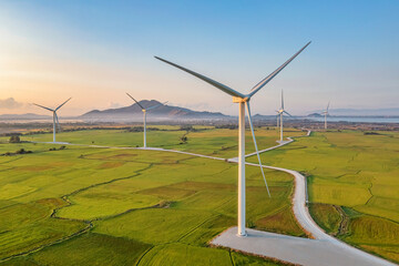 Panoramic view of wind farm or wind park, with high wind turbines for generation electricity with copy space. Green energy concept. Ninh Thuan, Vietnam