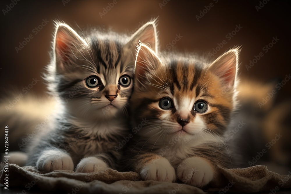 Poster cute kittens in closeup on the floor against a fuzzy backdrop. generative ai