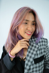 close-up of Colorful hair woman mood expression