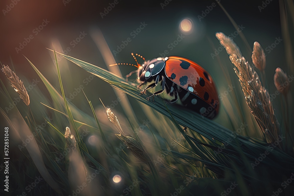 Poster a close-up of a ladybug on grass with a blurred depth of field Generative AI