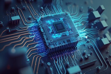 Processor Close Up In Gray Blue Colors. AI Generated.