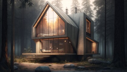 Modern cabin in the forest.