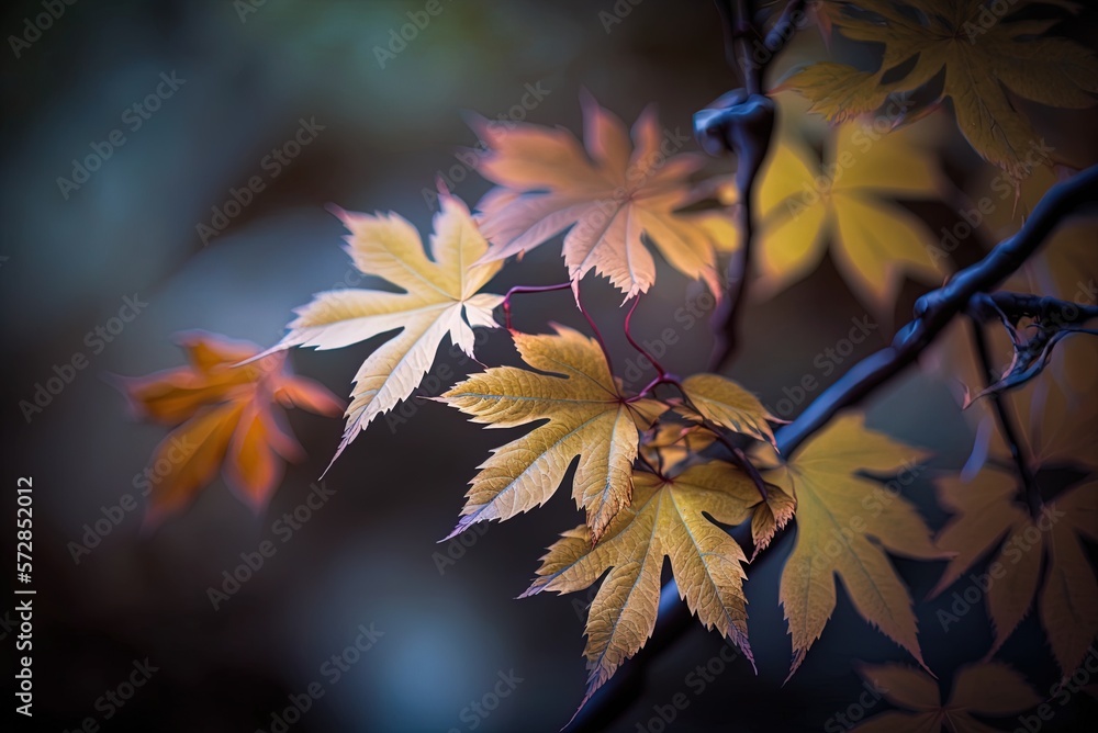 Poster image of maple leaves on a branch, out of focus generative ai