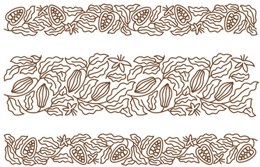 Cocoa floral line ornament. Chocolate design elements. Beans and branches leaves. Editable outline stroke. Vector line. - obrazy, fototapety, plakaty