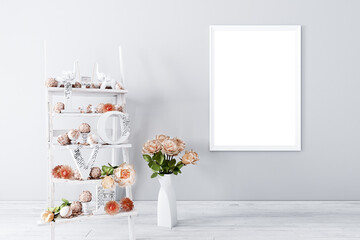 Mockup frame and wedding bouquet in a vase, 3D rendering