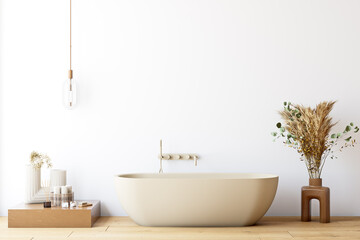 Naklejka na ściany i meble Bathroom mockup background in boho style, 3D rendering