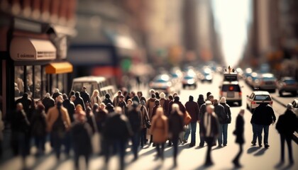 Crowd of people walking in the street, fast moving with blur, generative ai
