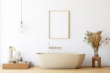 Bathroom mockup in boho style, 3d render