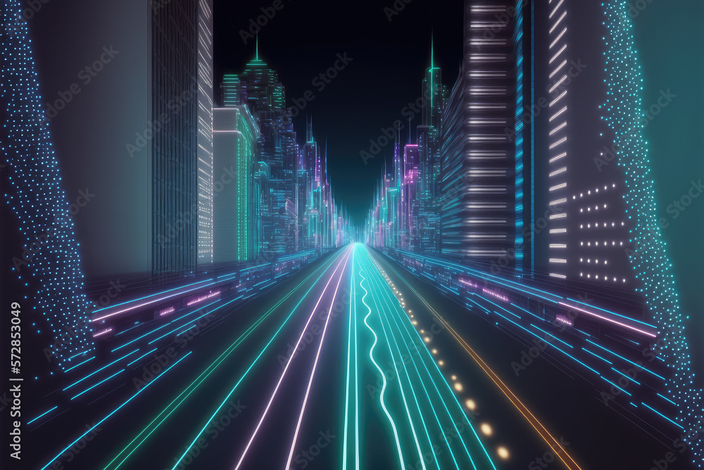Poster abstract highway path through digital smart city graphic design. peculiar ai generative image.