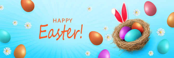 Blue postcard with Easter eggs in a nest with daisies