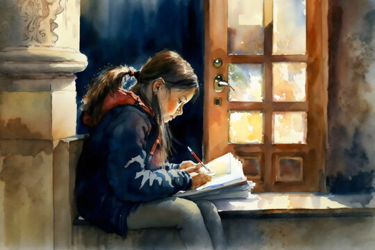 watercolor painting of a student at school writing in book, created with generative ai