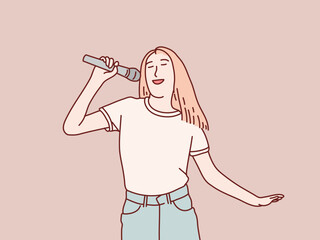happy exited stylish woman having fun sing a song to microphone simple korean style illustration