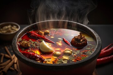 Hot copper pot stew, spicy hot pot. AI technology generated image