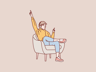 Joyful guy sitting on chair listening to music in headphones simple korean style illustration