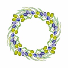 A wreath of olive branches. Watercolor image of leaves, green and black berries. Organic Mediterranean plant close-up. Botanical floral realistic decorative circle for wedding decoration, labels.