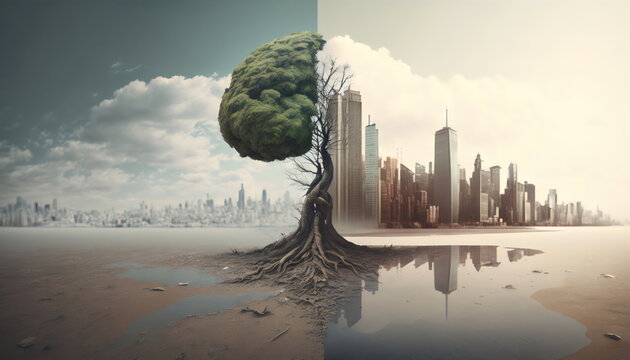 splitscreen of green tree and dead city, created with generative ai